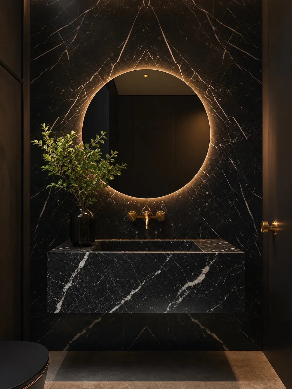 Lavabo com parede e cuba em mármore preto
